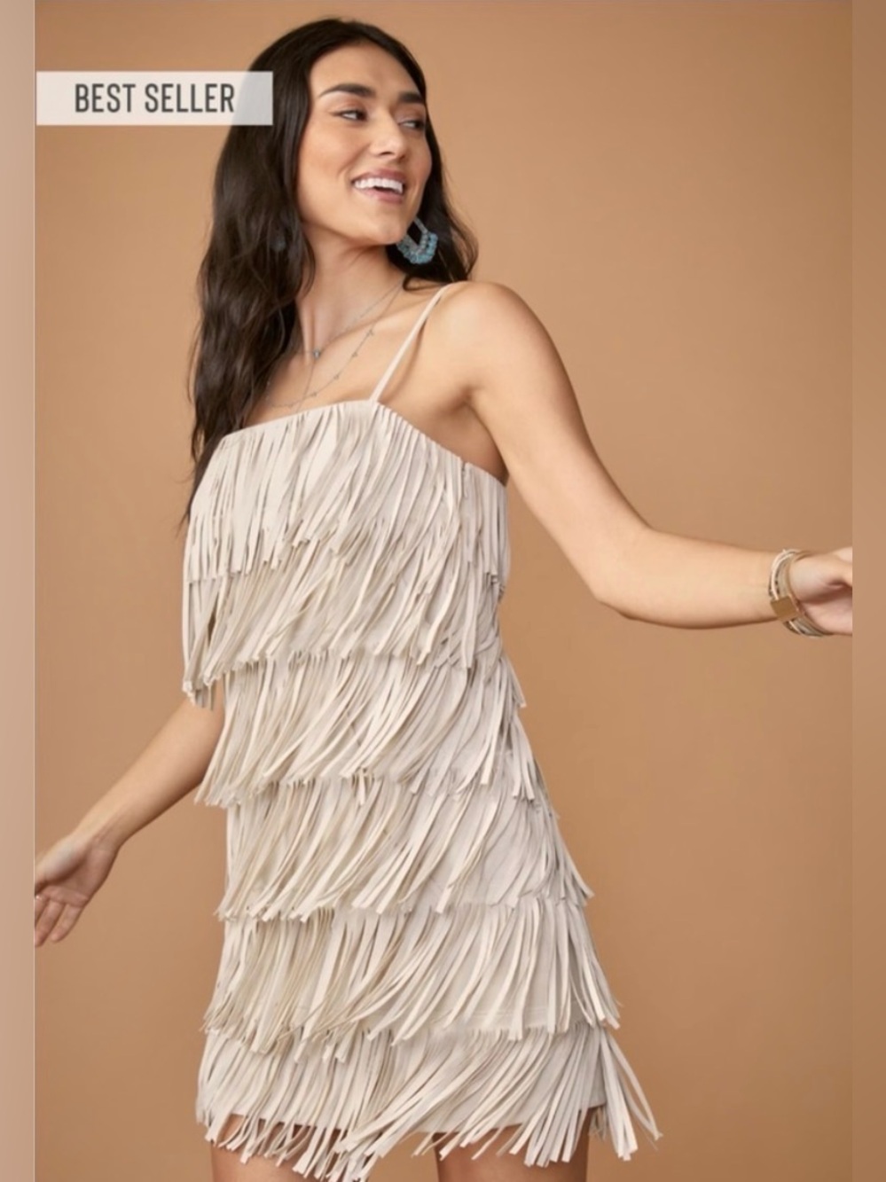 Francesca's Collections Cream Fringe Tiered Mini Dress